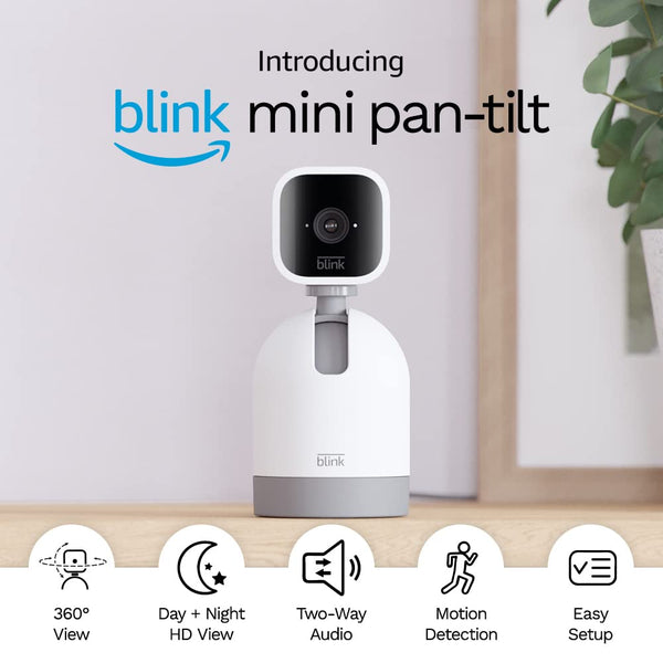 Blink Mini Pan-Tilt Camera | Rotating indoor plug-in smart security camera, two-way audio, HD video, motion detection, Alexa enabled, Blink Subscription Plan Free Trial (White)