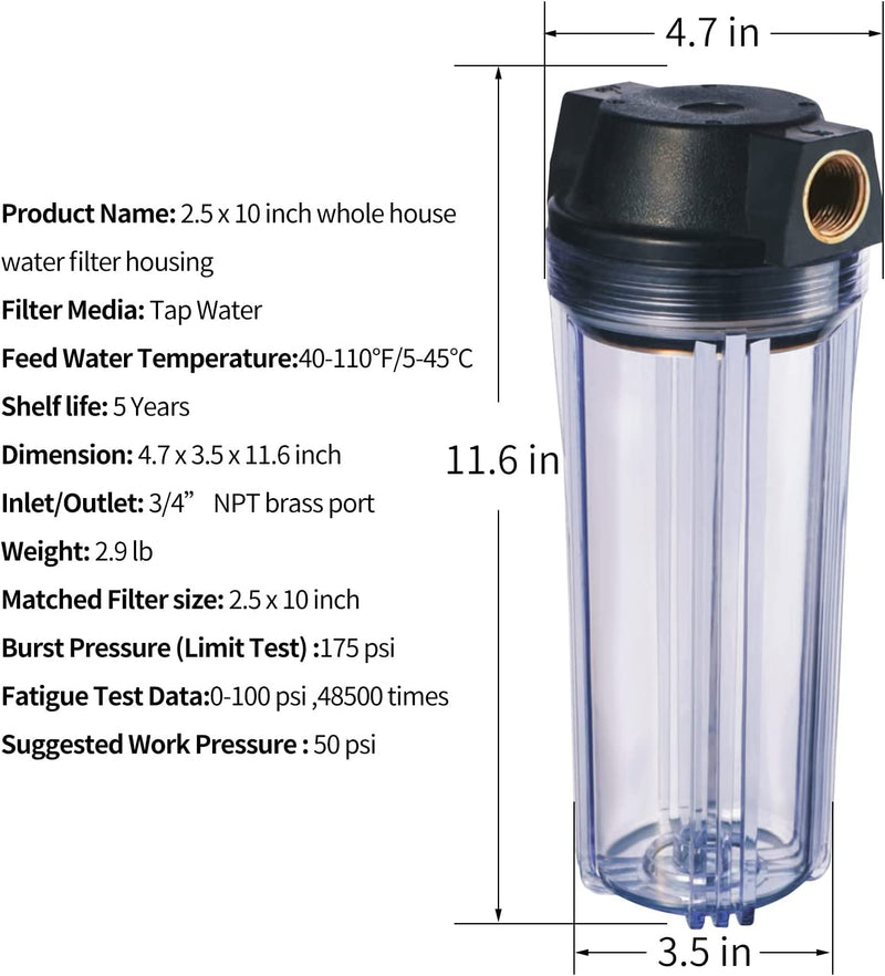 Geekpure 10-Inch Whole House Clear Water Filter Housing-3/4" Port with Pressure Relief Wrench Bracket-2.5" x 10"