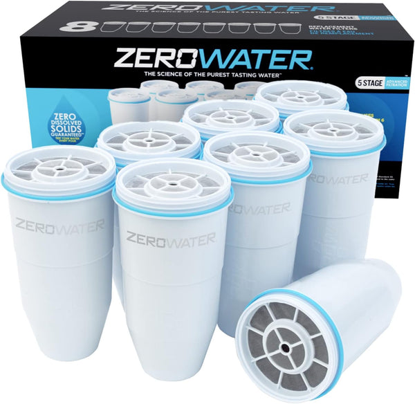 ZeroWater Replacement Water Filter Cartridges, 5 Stage Filtration System Reduces Fluoride, Chlorine, Lead and Chromium, 8 x Filter