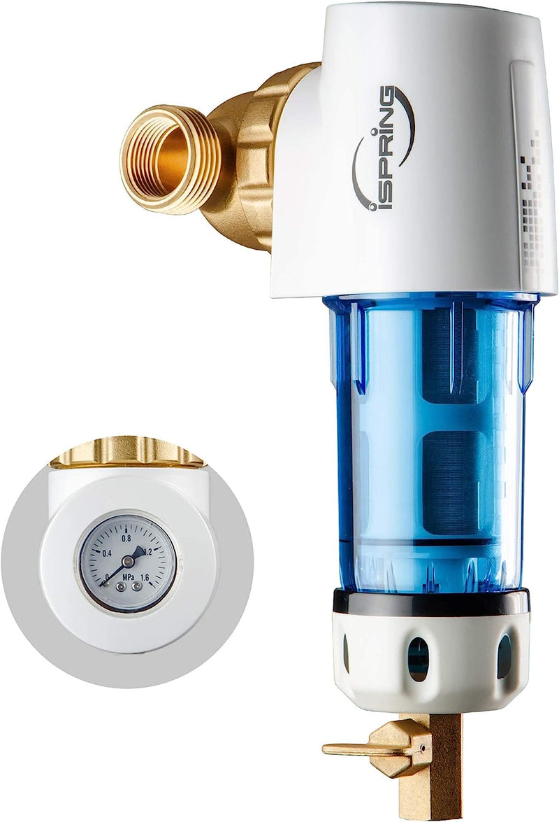 iSpring WSP50GR Reusable Spin Down Sediment Water Filter, 50 Micron with Built-in Housing Scraper, 360° Rotatable Head, Pressure Gauge, Blue