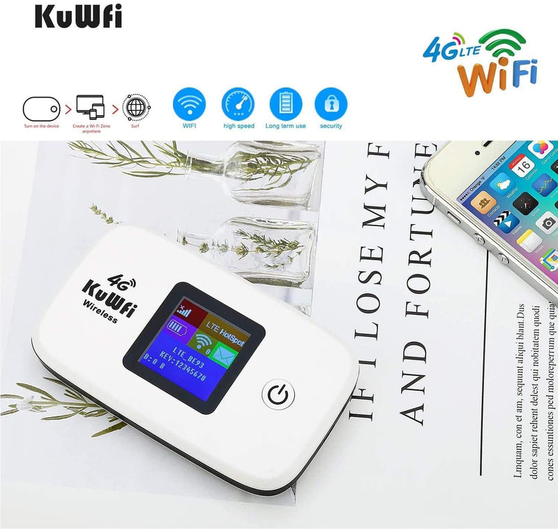 KuWFi Mobile WiFi Router, Travel WiFi Hotspot Unlocked 4G LTE Router Portable WiFi Hotspot 4G LTE Mobile Wifi Hotspot Support B1/ B3/ B7/B8/B20