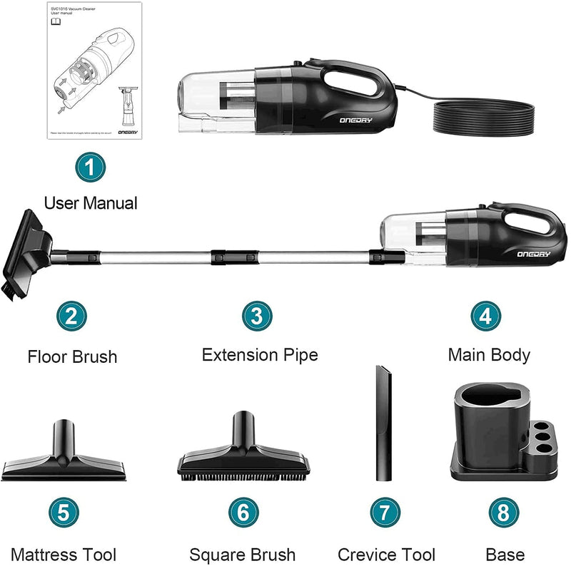 What you will get？ 1.Main Part  2.10m Charging Cable  3.Extension Pipes（388mm）*2  4.Floor Brush  5.Square Brush  6.Mattress Tool  7.Crevice Tool  8.User Manual