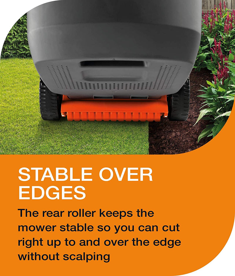 The rear roller keeps the mower stable so you can cut right up to and over the edge without scalping.