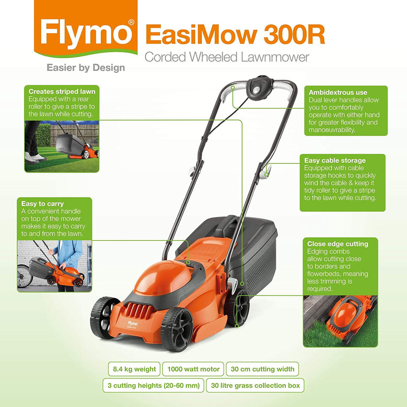 Designed for smaller gardens, the Flymo EasiMow 300R is a 30cm electric wheeled rotary lawnmower that is equipped with a powerful 1000W motor.