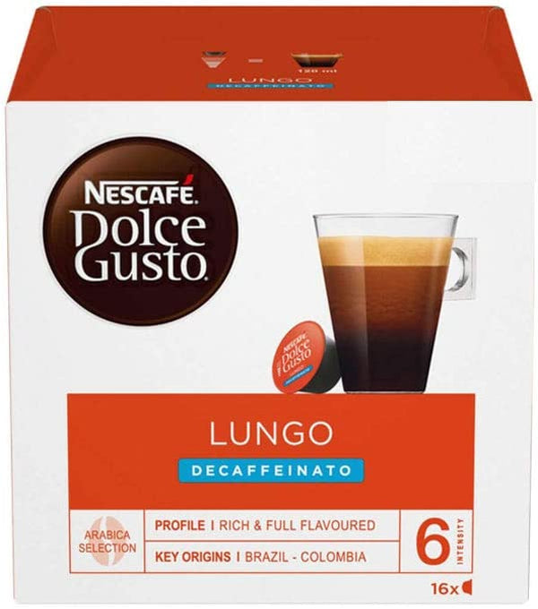 Nescafe Dolce Gusto Lungo Decaf Coffee Pods (Pack of 6, Total 96 Capsules)