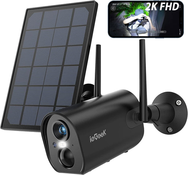 ieGeek 2K Solar Security Camera Outdoor Wireless with Color Night Vision - Battery Operated, 2.4G WiFi Home CCTV, Motion Detect, Siren, 2-way Audio