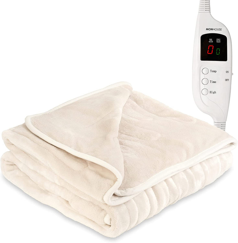MONHOUSE Heated Throw Electric Blanket, Remote Controller, Timer 9 hours, 9 Heat Settings, Auto Shutoff, Machine Washable, 130X160cm - BEIGE