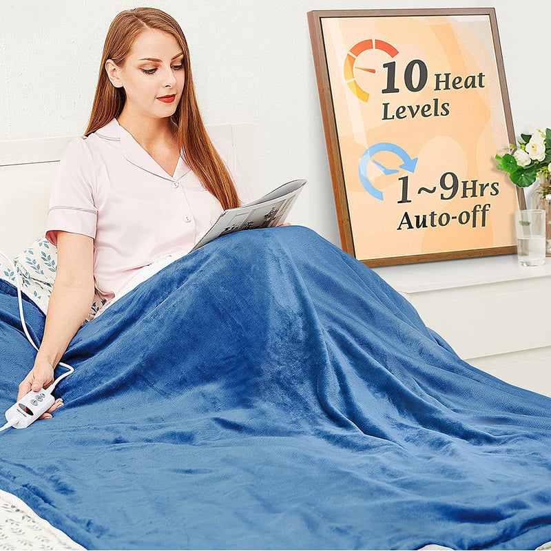 Mia&Coco Electric Heated Blanket Throw Flannel Sherpa Fast Heating 130x180cm, 10 Heat Levels, Auto-Off Timer, LED Display, Machine Washable, Blue