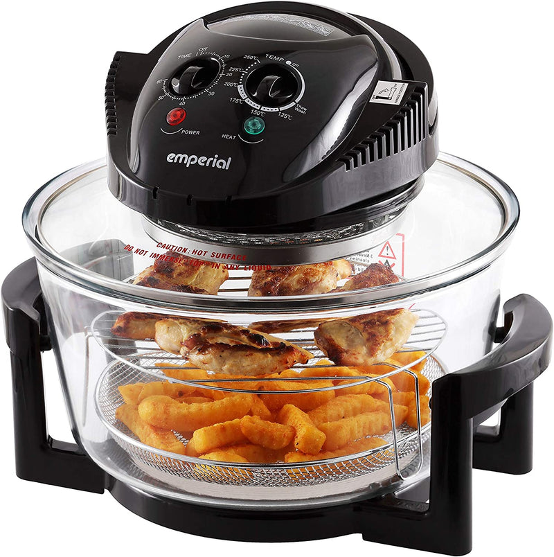 Emperial Premium Black 17L Halogen Convection Oven Cooker Air Fryer 1400W Includes Accesories Pack, Timer & Extender Ring