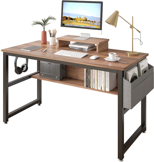 TREETALK Computer Desk, Industrial Writing Desk with Storage Bag, 47in Computer PC Laptop Table with Bookshelf and Wood Monitor Stand Riser Brown
