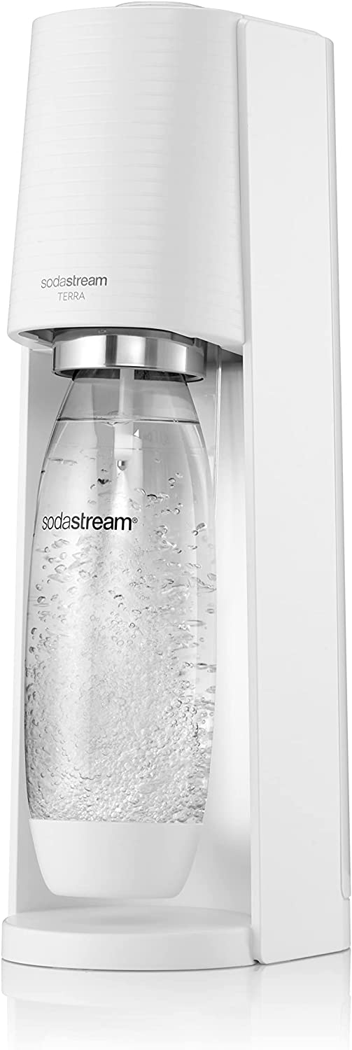 SodaStream Terra Sparkling Water Maker Machine with 1 Litre Reusable BPA-Free Water Bottle for Carbonating & 60 L Quick Connect CO2 Gas Cylinder White