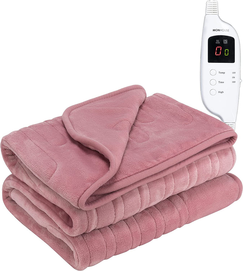 MONHOUSE Heated Throw - Electric Blanket, Remote Controller, Timer up to 9 hours, 9 Heat Settings, Auto Shutoff - Machine Washable - 130X160cm - PINK