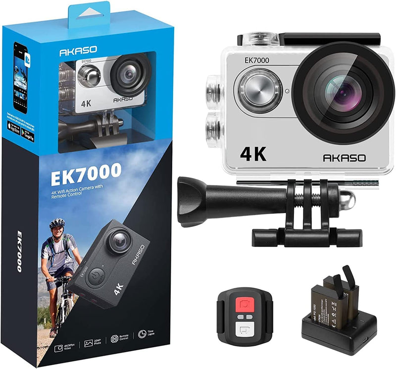 AKASO EK7000 4K Sport Action Camera Ultra HD Camcorder 12MP WiFi Waterproof Camera with 2 Rechargeable Batteries, 19 Accessories Kit - Silver
