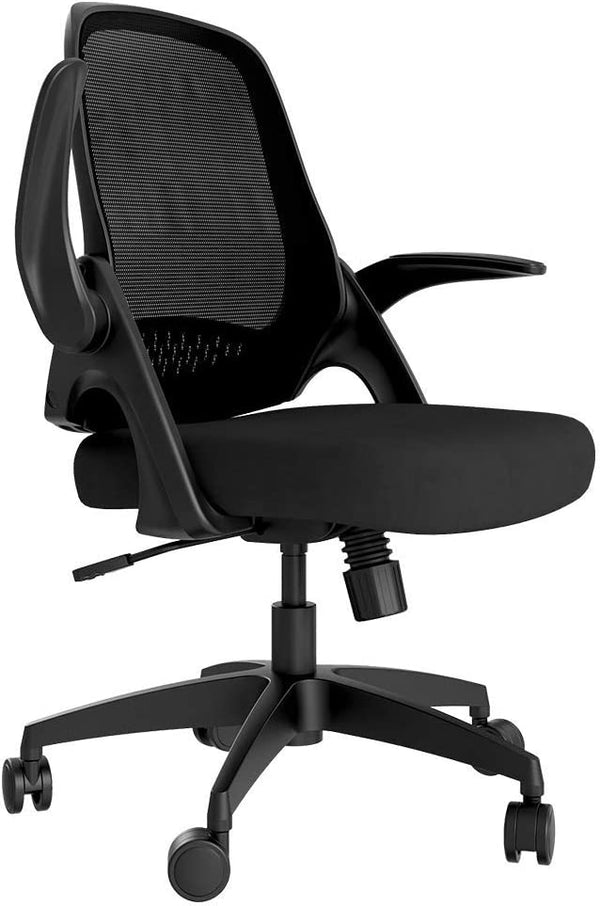 Hbada Office Desk Chair Flip-up Armrest Ergonomic Task Chair Compact 120° Locking 360° Rotation Seat Surface Lift Reinforced Nylon Resin Base, Black