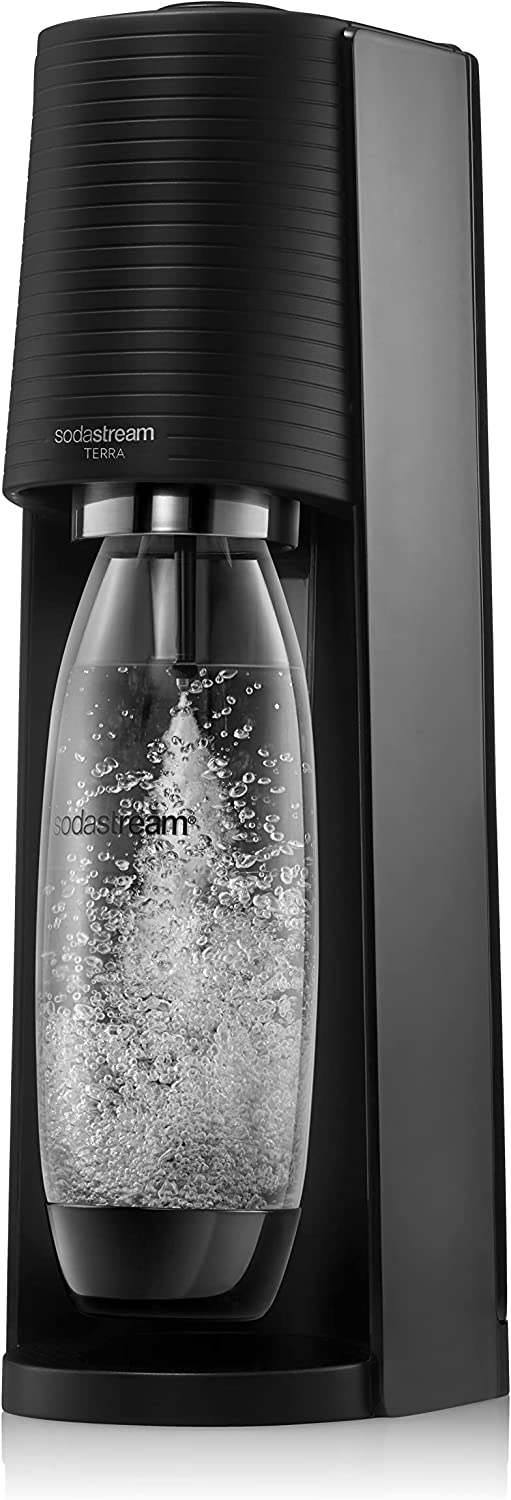 SodaStream Terra Sparkling Water Maker Machine with 1 Litre Reusable BPA-Free Water Bottle for Carbonating & 60 L Quick Connect CO2 Gas Cylinder Black