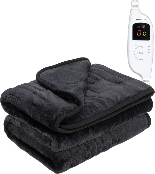 MONHOUSE Heated Throw Electric Blanket, Remote Controller, Timer 9 hours, 9 Heat Settings, Auto Shutoff, Machine Washable, 130X160cm - BLACK