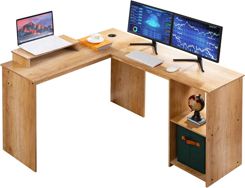 DOSLEEPS L Shaped 51.2" Computer Corner Desk, FREE Monitor Stand, Home Gaming Desk, Office Writing Workstation with 2 Storage/Book Shelves Beech Grain