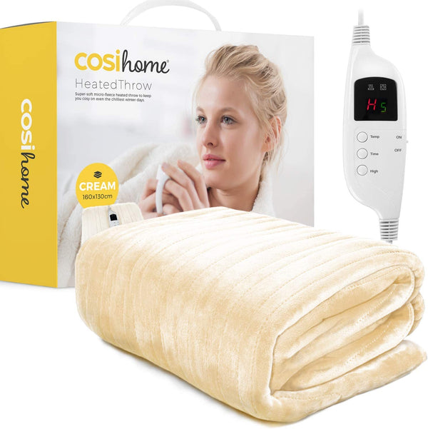 Cosi Home Heated Throw - Electric Blanket - Extra Large Heated Blanket, Machine Washable Fleece with Digital Remote, Timer and 9 Heat Settings (Cream)