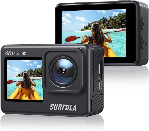 Surfola Action Camera 4K/60fps 24MP Dual Screen WiFi EIS Anti-shake Vlog Cam 8X Zoom Touch Screen Underwater Waterproof Camera with Accessories Kit