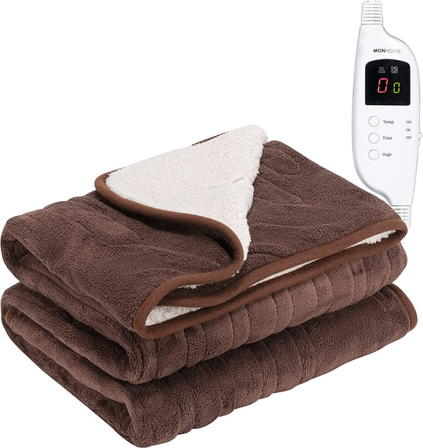 MONHOUSE Heated Throw Electric Blanket, Remote Controller, Timer 9 hours, 9 Heat Settings, Auto Shutoff, Machine Washable, 130X160cm - Brown Shearling