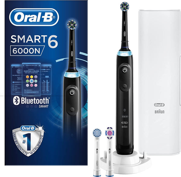 Oral-B Smart 6 Electric Toothbrush with Smart Pressure Sensor, 3 Toothbrush Heads & Travel Case, 5 Mode Display with Teeth Whitening, 6000N, Black