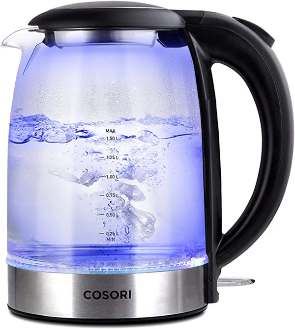 COSORI 2022 Upgraded Electric Glass Kettle, 3000W 1.5L with Blue LED, Stainless Steel Filter, Boil-Dry Protection, Fast Quiet Boil, Black (GK151-CO)