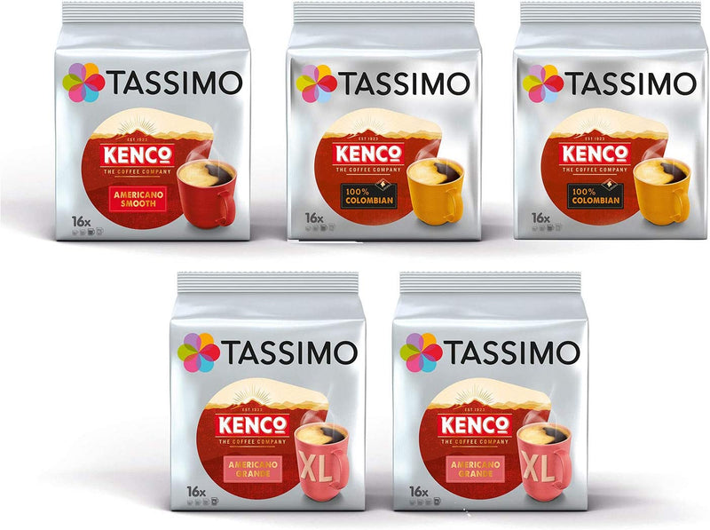 Tassimo Coffee Kenco Bundle - Kenco Americano Smooth/Americano Grande/Pure Colombian pods - Pack of 5 (80 Servings)