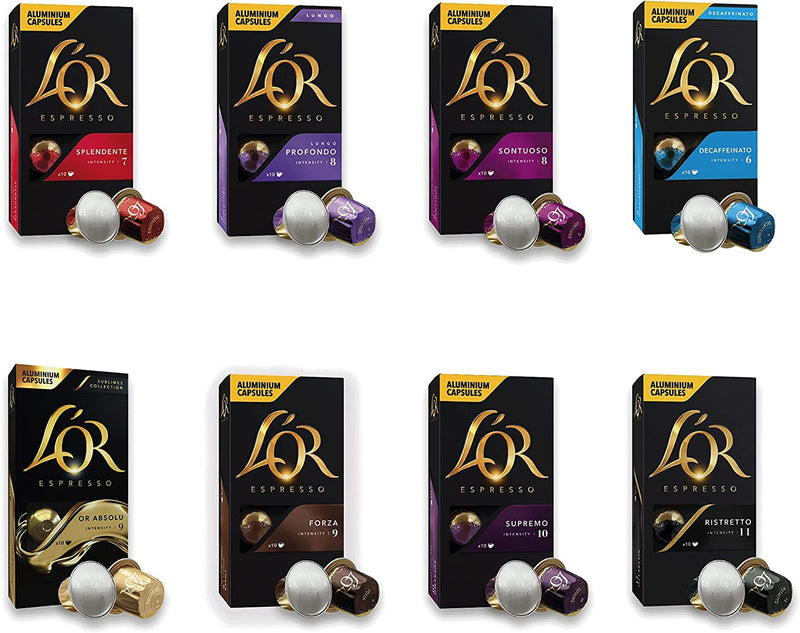 L'OR Favourites Assortment Nespresso Compatible Coffee Pods (Pack of 8, Total 80 Drinks)