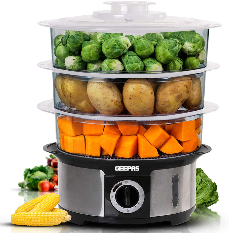 Geepas 3-Tier Food Steamer, 12L Capacity Electric Vegetable Steamer with BPA Free Removable Baskets for Healthy Steam Cooking