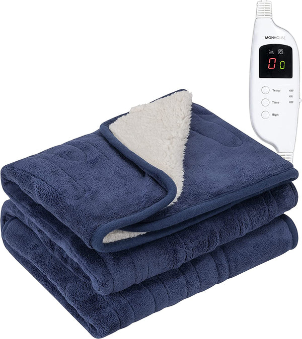 MONHOUSE Heated Throw Electric Blanket, Remote Controller, Timer 9 hours, 9 Heat Settings, Auto Shutoff, Machine Washable, 130X160cm - NAVY SHEARLING
