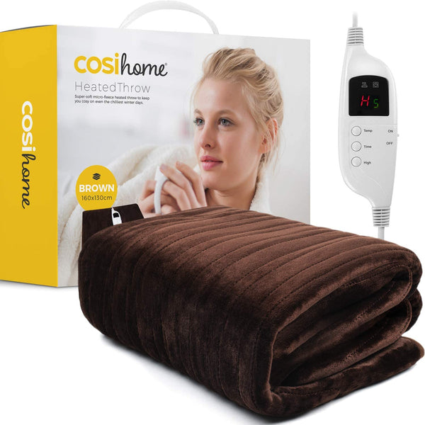 Cosi Home Heated Throw - Electric Blanket - Extra Large Heated Blanket, Machine Washable Fleece with Digital Remote, Timer and 9 Heat Settings (Brown)