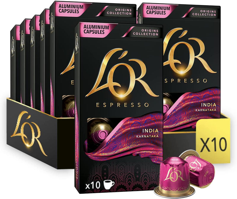 L'OR Origins India Intensity 10 Nespresso Compatible Coffee Pods (Pack of 10, Total 100 Coffee Capsules)