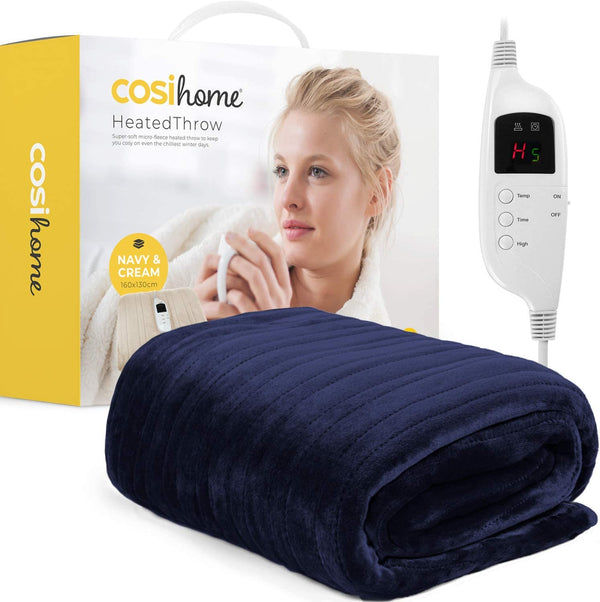 Cosi Home Heated Throw - Electric Blanket - Extra Large Heated Blanket, Machine Washable Fleece with Digital Remote, Timer and 9 Heat Settings (Navy)