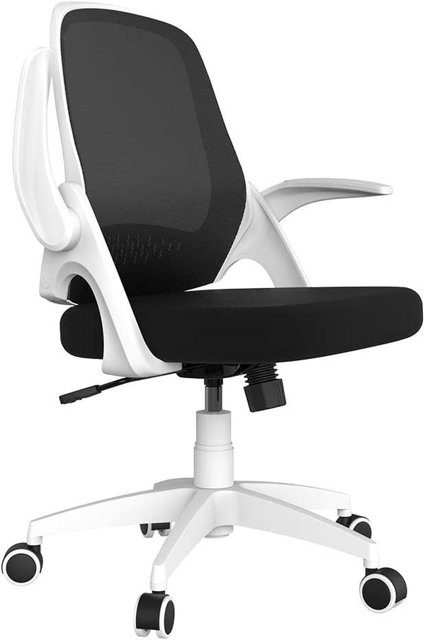 Hbada Office Desk Chair Flip-up Armrest Ergonomic Task Chair Compact 120° Locking 360° Rotation Seat Surface Lift Reinforced Nylon Resin Base, White