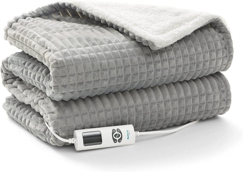 Bedsure Electric Heated Throw Blanket - Single Heat Over Blanket Machine Washable Soft Fleece Sherpa Electric Blanket for Sofa, Grey, 130X160cm