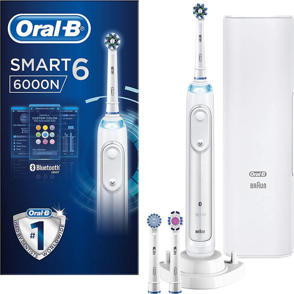 Oral-B Smart 6 Electric Toothbrush with Smart Pressure Sensor, 3 Toothbrush Heads & Travel Case, 5 Mode Display with Teeth Whitening, 6000N, White