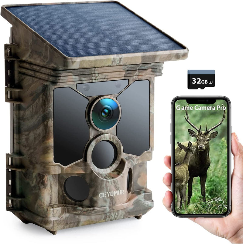 CEYOMUR Solar Wildlife Camera 4K 30fps, WiFi Bluetooth 40MP Trail Camera 120° Night Vision Motion Activated IP66 Waterproof with U3 32GB Micro SD Card