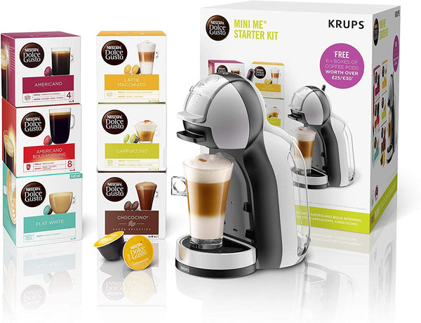 KRUPS Nescafé Dolce Gusto Mini Me, Single Serve Capsule Coffee Machine Starter Kit, Including 6 boxes of Coffee Pods, KP123B41, Arctic Grey & Black