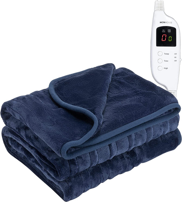 MONHOUSE Heated Throw Electric Blanket, Remote Controller, Timer 9 hours, 9 Heat Settings, Auto Shutoff, Machine Washable, 130X160cm - NAVY