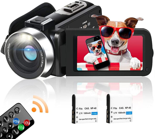 HD Video Camera Camcorder with LED Fill Light, 2.7K 1080P 42MP 30FPS FHD YouTube Vlogging Camera Recorder 18X Digital Zoom with 2 Batteries