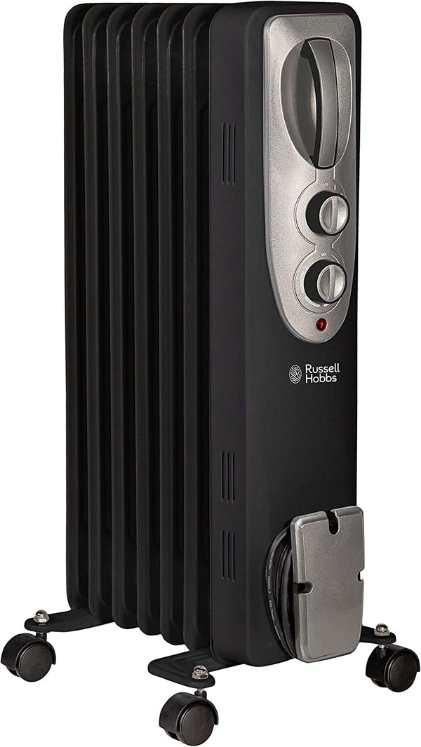 Russell Hobbs 1500W/1.5KW Oil Filled Radiator, 7 Fin Portable Electric Heater, Adjustable Thermostat with 3 Heat Settings, Safety Cut-off, RHOFR5001B