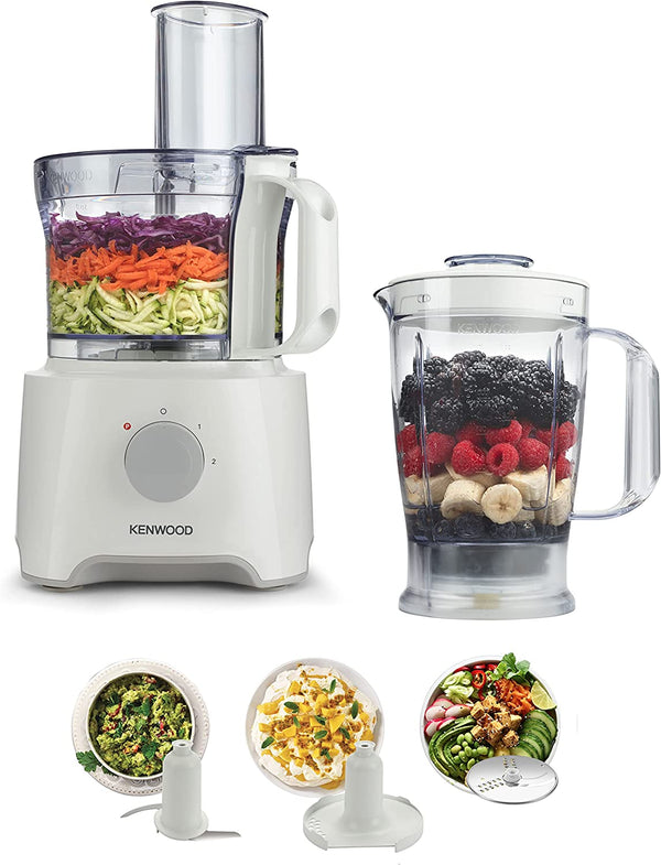 Kenwood Food Processor, 2.1L Bowl, 1.2 L Blender, Emulsifying, Knife Blade, Reversible Slicing and Grating Discs, 800 W, FDP301WH [Energy Class A]
