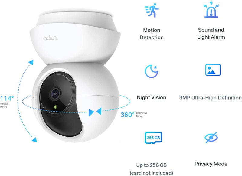 TP-Link Tapo Pan/Tilt Smart Security Camera, Indoor CCTV, 360° Rotational Views, No Hub Required, 3MP (2304 × 1296) HD, Night Vision, Tapo C210