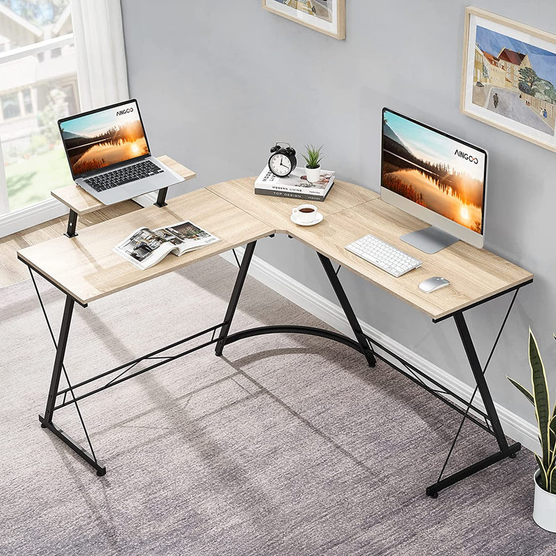 Aingoo Corner Desk L Shaped Gaming Computer Desk for Home Office Workstation with Monitor Stand, 128.5 * 128.5 * 75 cm Beige