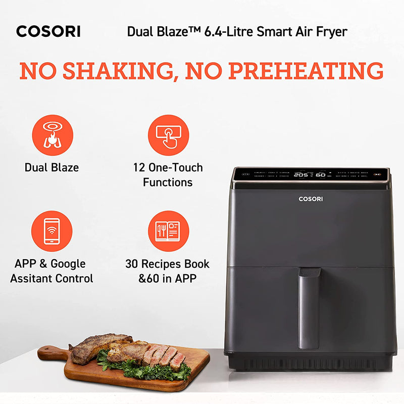 COSORI Smart Air Fryer Oven Dual Blaze 6.4L, Double Heating Elements, Cookbook, No Shaking No Preheating, 12 Functions, Air Fry, Roast, Bake, Reheat