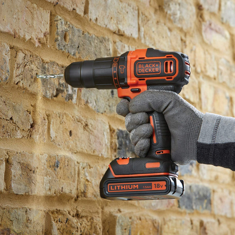 BLACK+DECKER 18 V Cordless 2-Gear Combi Drill with Kitbox and 2x 1.5 Ah Lithium Ion Batteries