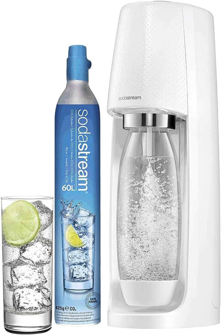 SodaStream Spirit Sparkling Water Maker Machine includes a 1 Litre Reusable BPA Free Water Bottle for Carbonating and 60 Litre CO2 Gas Cylinder, White