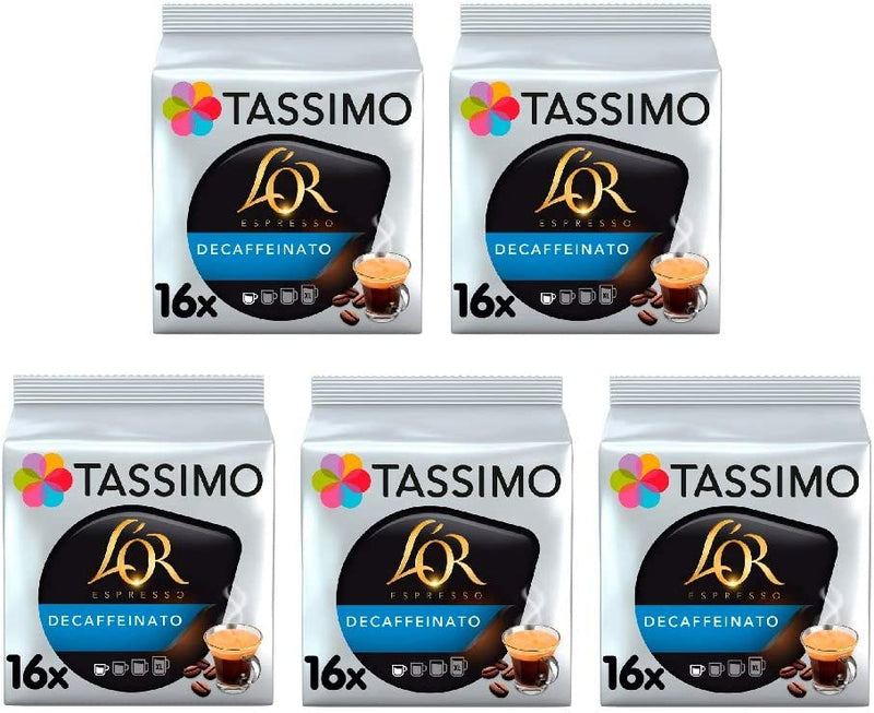 Tassimo L'OR Espresso Decaf Coffee Pods (Pack of 5, Total of 80 Coffee Capsules)