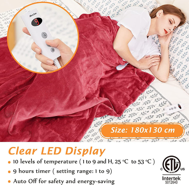 Mia&Coco Electric Heated Blanket Throw Flannel Sherpa Fast Heating 130x180cm, 10 Heat Levels, Auto-Off Timer, LED Display, Machine Washable, Red