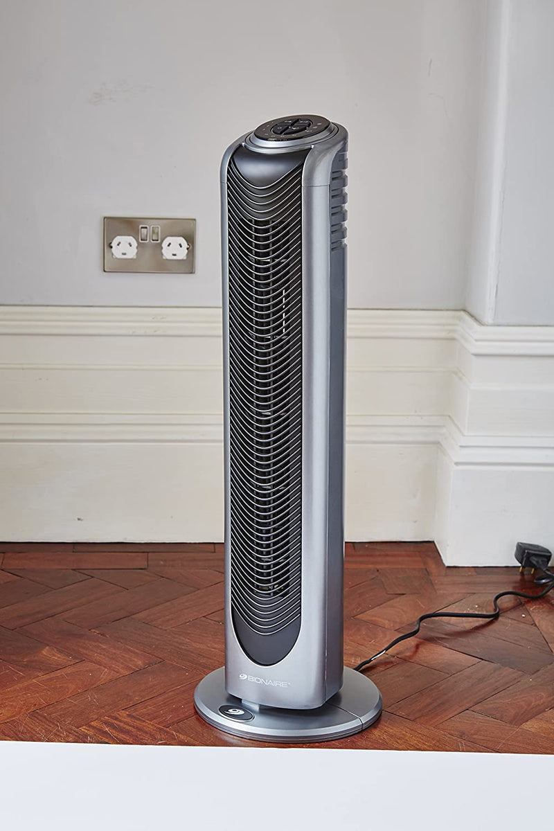 Bionaire Oscillating Tower Fan with Remote Control & Timer, Silver/Black [BT19]
